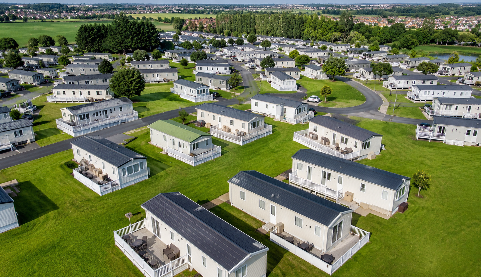 Holiday park with lodges overlooking a lake